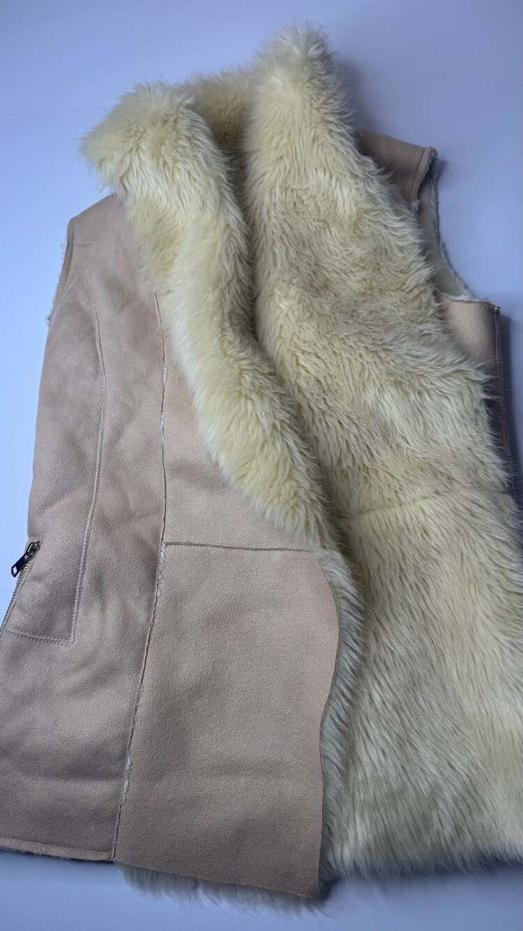 Fate Beige Suede Faux Fur Lined Sleeveless Vest
